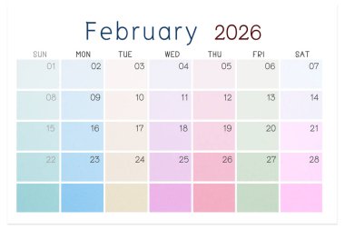 Şubat 2026 takvim sayfası beyaz arkaplanda izole edildi, kırpma yolunu kaydet.