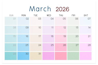 Mart 2026 takvim sayfası beyaz arkaplanda izole edildi, kırpma yolunu kaydet.