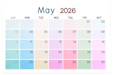 Mayıs 2026 takvim sayfası beyaz arkaplanda izole edildi, kırpma yolunu kaydet.