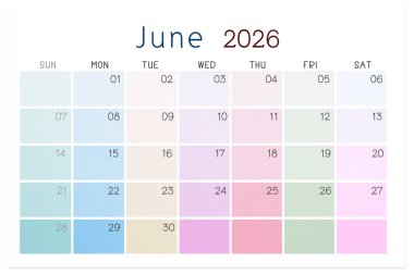 Haziran 2026 takvim sayfası beyaz arkaplanda izole edildi, kırpma yolunu kaydet.