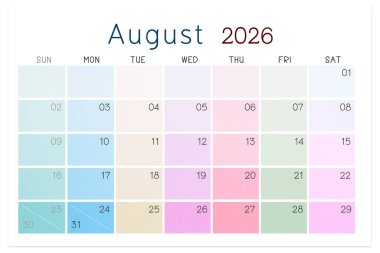 Ağustos 2026 takvim sayfası beyaz arkaplanda izole edildi, kırpma yolunu kaydet.