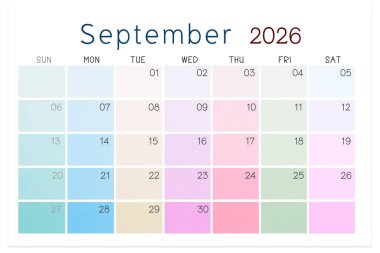 Eylül 2026 takvim sayfası beyaz arkaplanda izole edildi, kırpma yolunu kaydet.