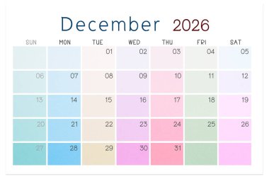Aralık 2026 takvim sayfası beyaz arkaplanda izole edildi, kırpma yolunu kaydet.