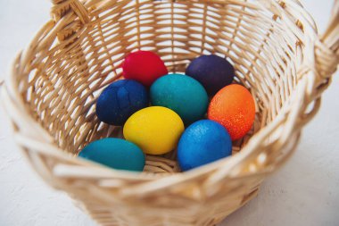 Sepette paskalya yumurtası. Beyaz arka planda yumurtalı sepet. Paskalya için boyanmış yumurta. Renkli tavuk yumurtaları