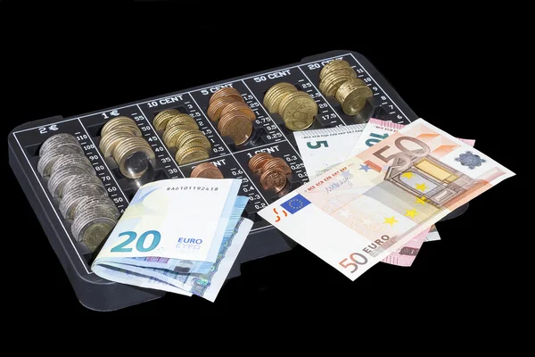 Euro bills and euro coins organizer — Stock Photo, Image