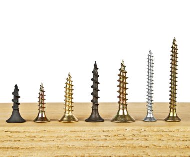 Beyaz bir arka plan üzerinde ahşap tahta üzerinde çeşitli vida