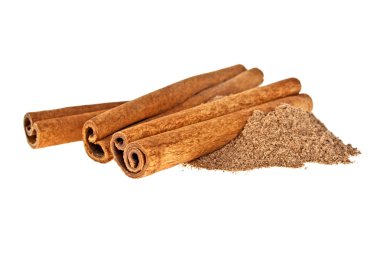 Cinnamon sticks with powder isolated on white background clipart