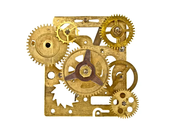 Old clock mechanism with gears isolated on white background, clo — Stock Photo, Image