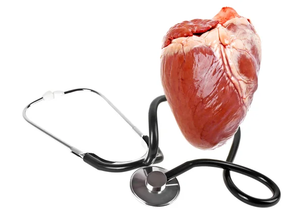 Concepto para la salud - corazón y estetoscopio en un fondo blanco —  Fotos de Stock