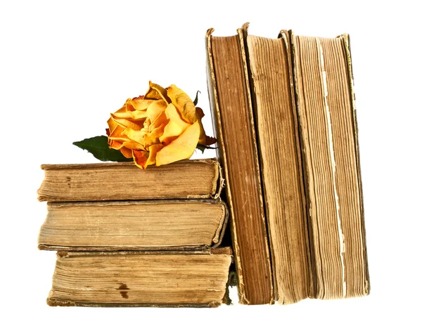 Pilha de livros antigos e rosa desbotada em um fundo branco — Fotografia de Stock