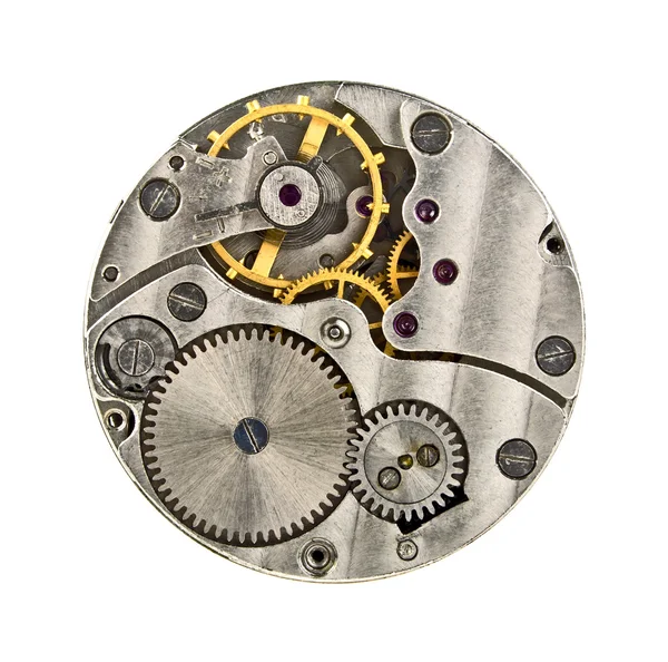 Clock mechanism with gears isolated on white background, close u — Stock Photo, Image