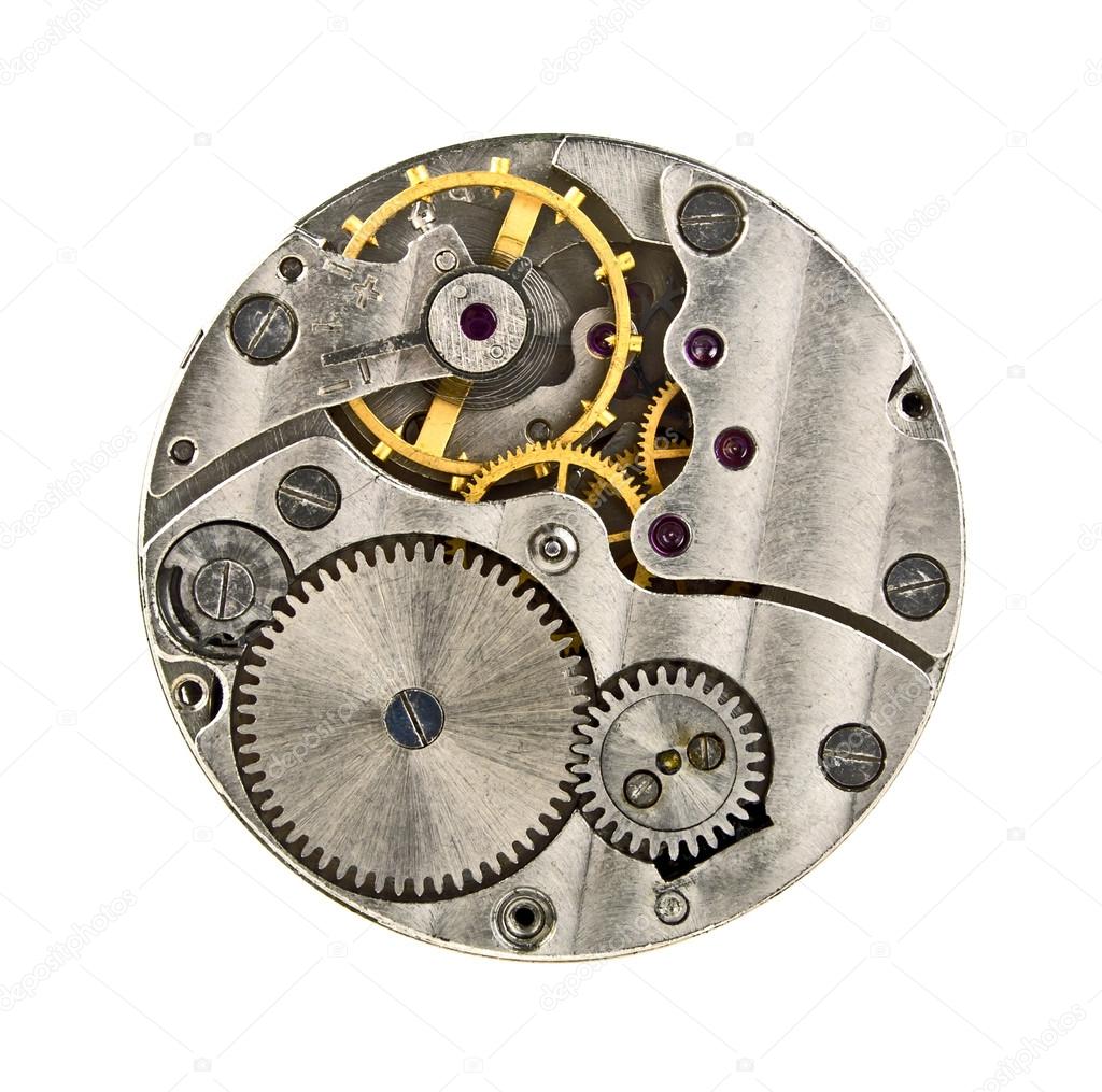 Clock mechanism with gears isolated on white background, close u