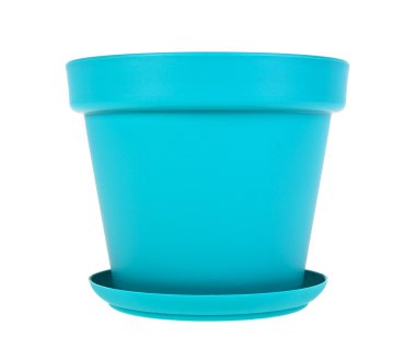 Beyaz zemin üzerine mavi plastik saksı