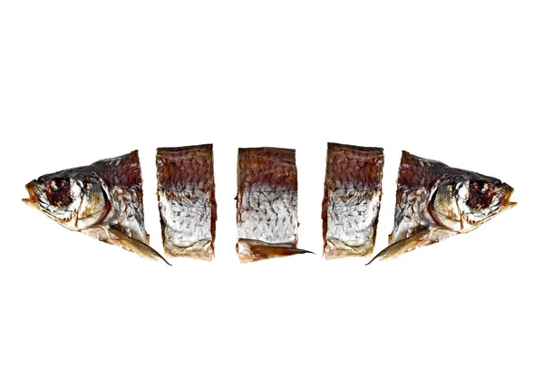 Rebanadas de pescado secas abstractas aisladas sobre fondo blanco — Foto de Stock