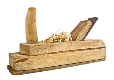 Eski el planya ve talaş beyaz bir arka plan üzerinde