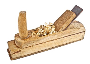 Eski el planya ve talaş beyaz bir arka plan üzerinde