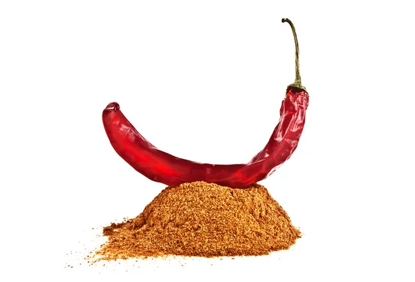 Red pepper with its powder on a white background — Stock Photo, Image