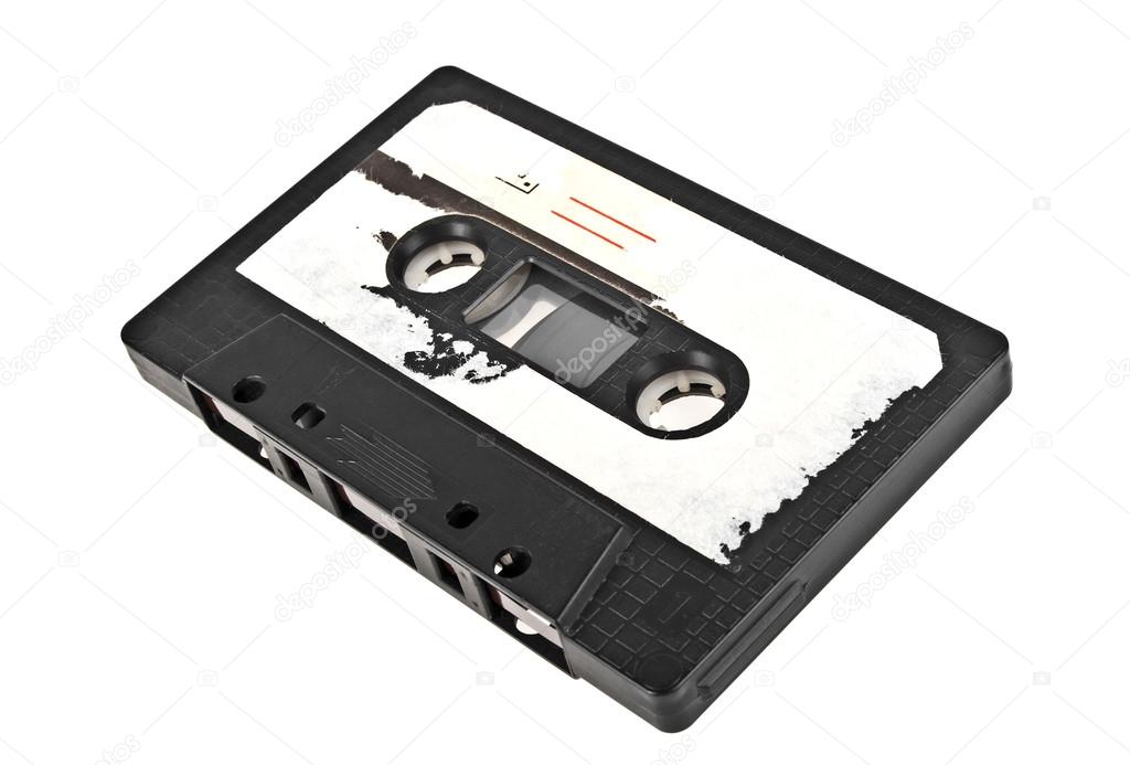 Close up of vintage audio tape cassette isolated on a white back