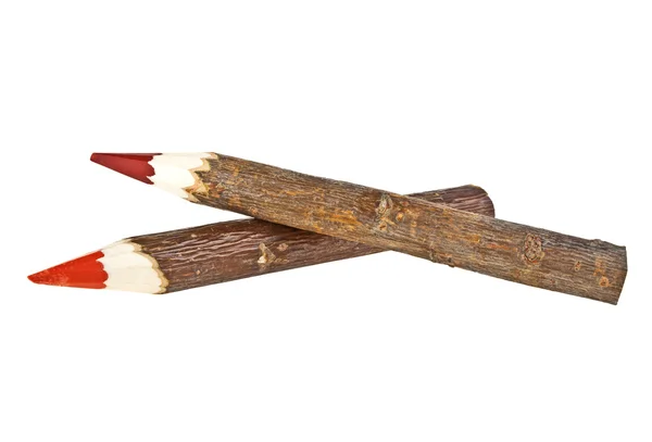 Dos lápices de color rama cubierta de corteza aislados sobre fondo blanco — Foto de Stock