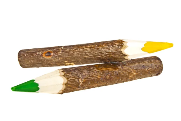 Dos lápices de color rama cubierta de corteza aislados sobre fondo blanco — Foto de Stock