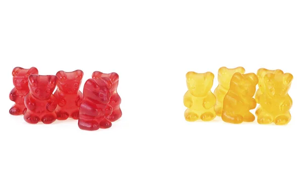 Two Groups Colorful Jelly Gummy Bears Isolated White Background Colored — Stock Photo, Image