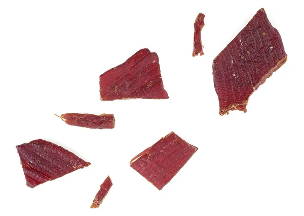 Portion Beef Jerky Isolated White Background Beef Jerky Pieces Dried — Stock Photo, Image