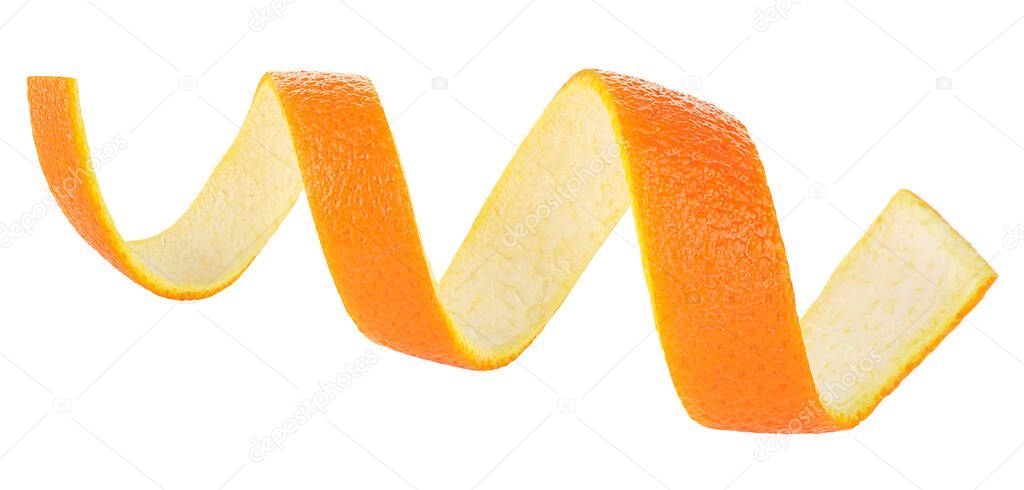 Spiral orange peel isolated on a white background. Orange zest spiral. Vitamin C.