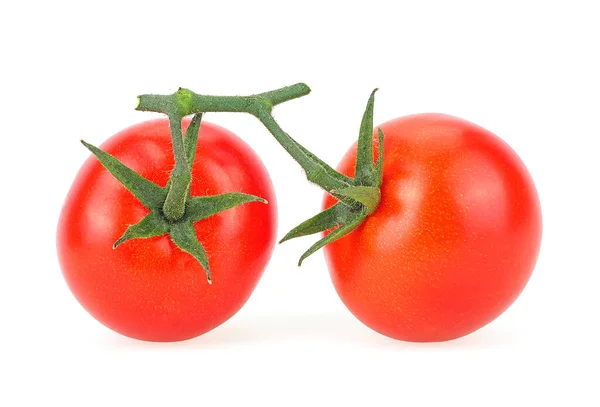 Dois Tomates Cereja Maduros Isolados Fundo Branco Dois Legumes Ramo — Fotografia de Stock