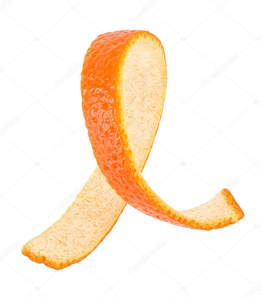 Fresh orange peel isolated on a white background. Swirly orange peel.