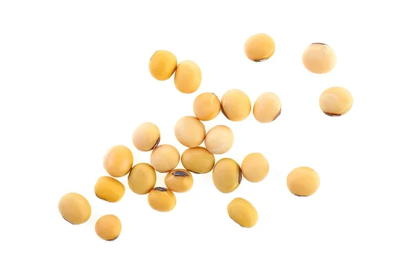 Soya fasulyeleri beyaz arka planda izole edilmiş, üst manzara. Kurutulmuş soya fasulyesi.