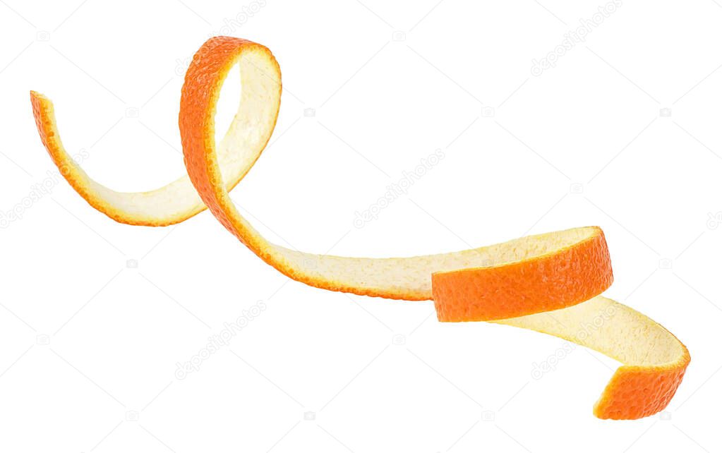 Orange peel isolated on a white background. Spiral orange skin. Orange twist. Citron.