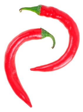 Two red hot chili peppers isolated on a white background, top view.