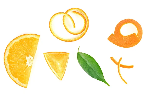 Pomerančové Plátky Pomerančový List Pomerančová Kůra Izolované Bílém Pozadí Horní — Stock fotografie