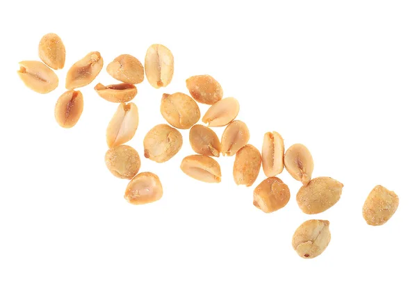 Beyaz arka planda izole edilmiş tuzlanmış fıstık, üst manzara..