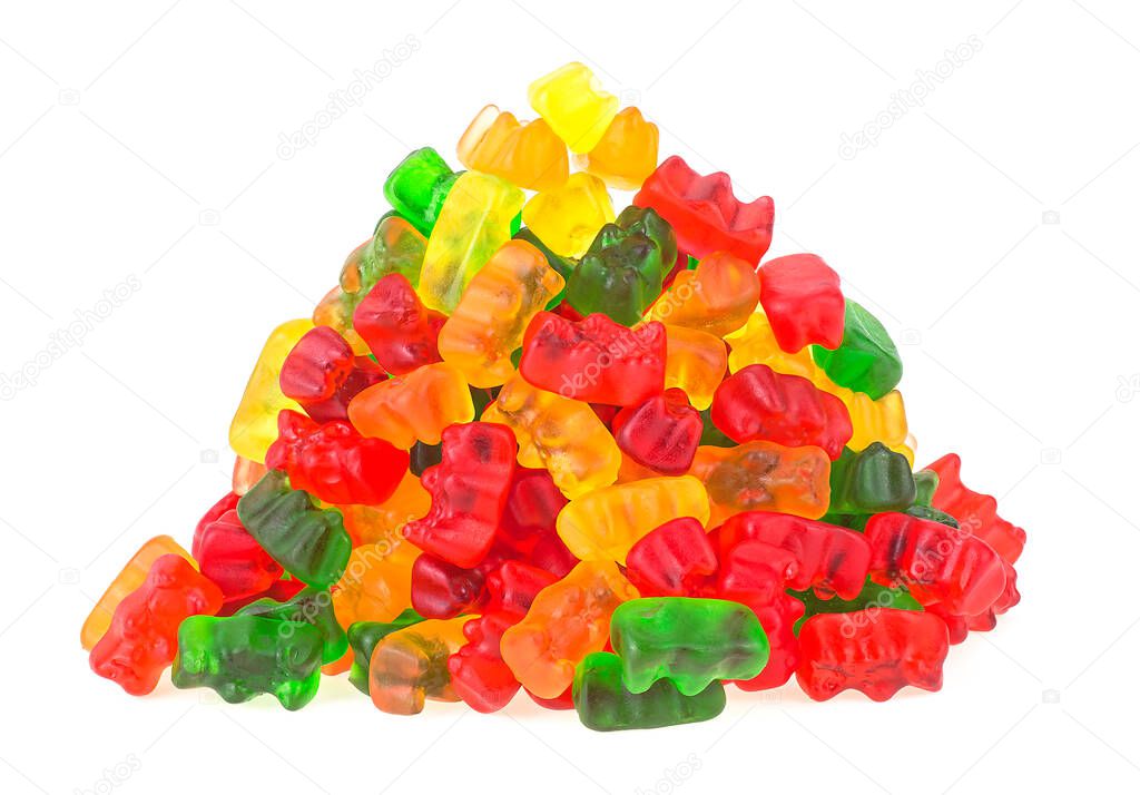 Close-up of delicious colorful gummy bears isolated on a white background. Pile of gummy bears candy.