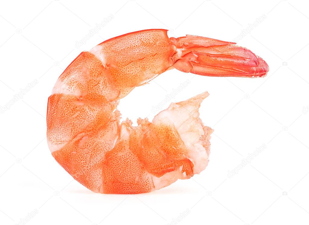 Peeled prawn isolated on a white background. Shrimp. Seafood.