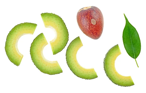 Geschnittene Avocado Mit Blatt Und Avocadosamen Isoliert Auf Weißem Hintergrund — Stockfoto