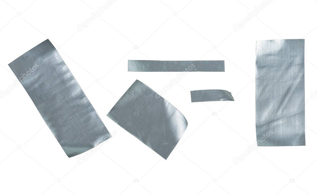 Metallic reinforced tape. Set pieces of silver self adhesive construction tape isolated on a white background.