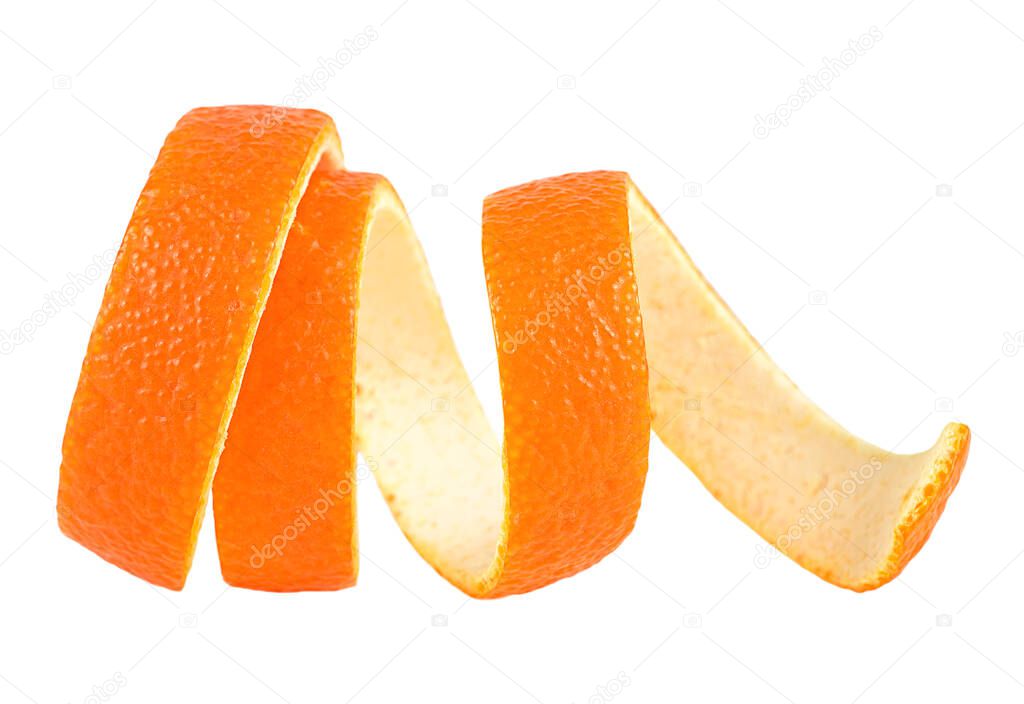Orange twist or orange peel isolated on a white background. Spiral orange skin. Citron. Cocktail ingredient.