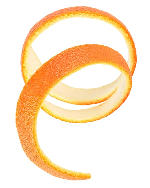 白い背景に隔離された新鮮なオレンジの皮の正面図 オレンジの肌の螺旋状 — ストック写真
