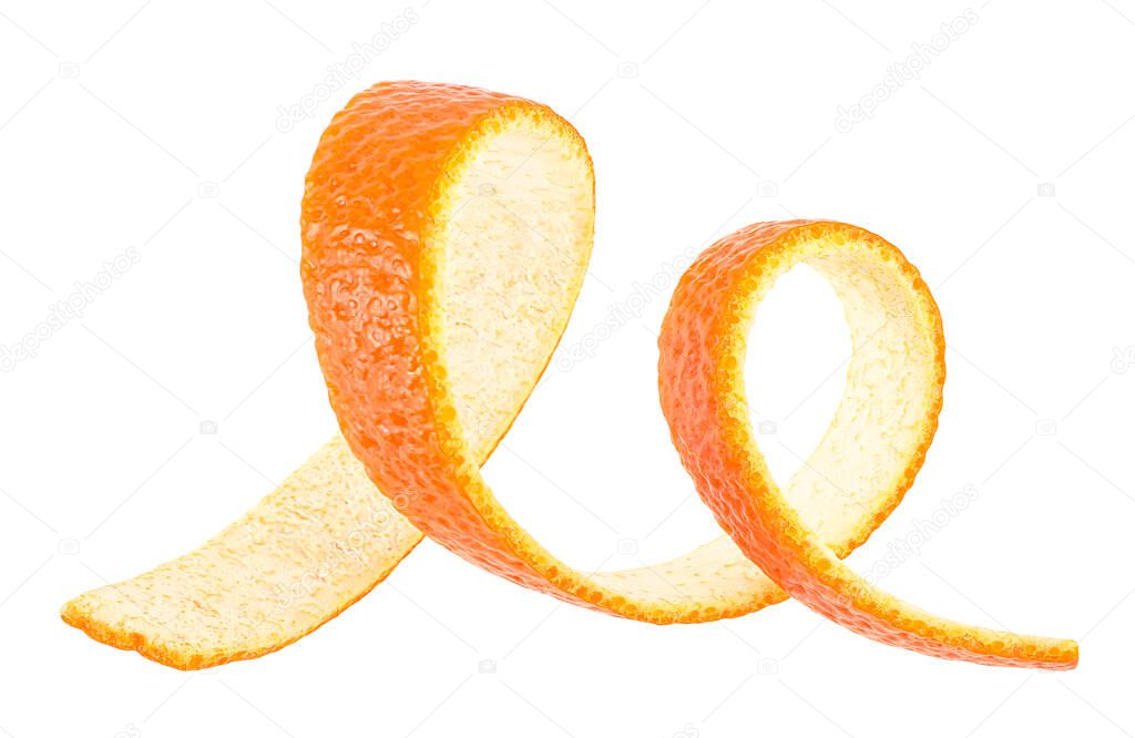 Cocktail Ingredient - Curly orange peel isolated on a white background. Vitamin C.