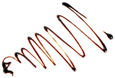 Beyaz arka planda izole edilmiş sıvı çikolata, üst manzara. Çikolata sosu.