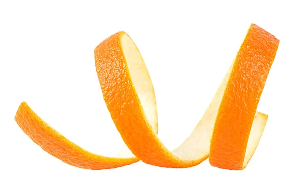 Orange Twist Citrusskal Isolerad Vit Bakgrund Snurrande Apelsinskal — Stockfoto