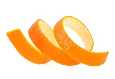 Fresh orange zest isolated on a white background, spiral form. Stripe of orange peel.