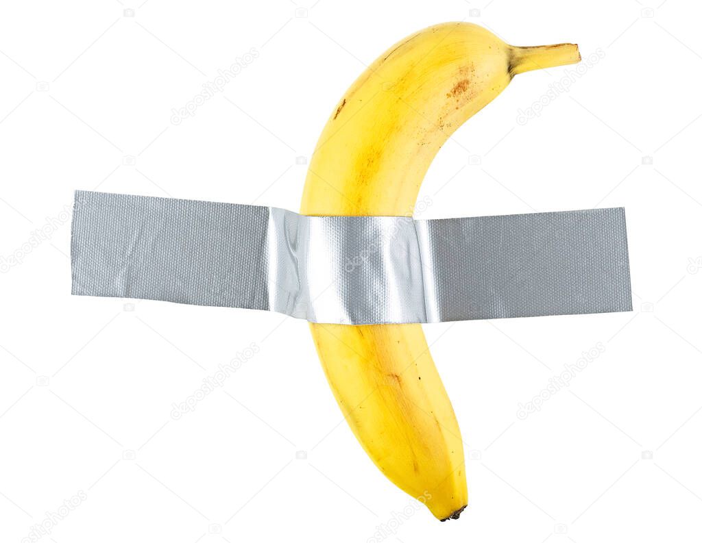 Yellow banana taped to the white wall. Sweet banana isolated on a white background.