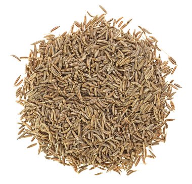 Kimyon tohumu yığını beyaz arka planda izole, üst manzara. Zeera tohumları. Aroma mutfağı..