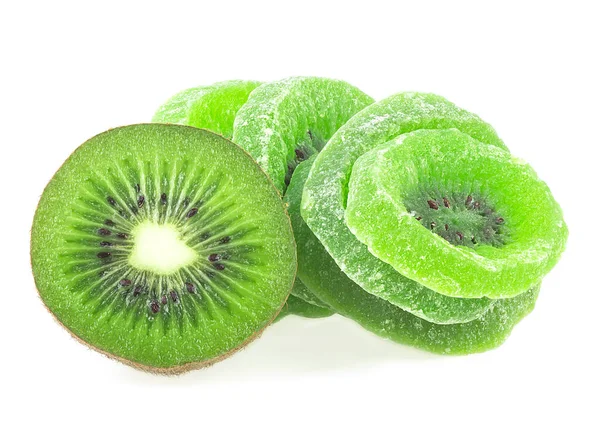 Scheiben Getrockneter Kiwi Und Frischer Kiwi Früchte Isoliert Auf Weißem — Stockfoto