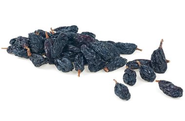 Pile of blue sweet raisins isolated on a white background, close up. Package design element.