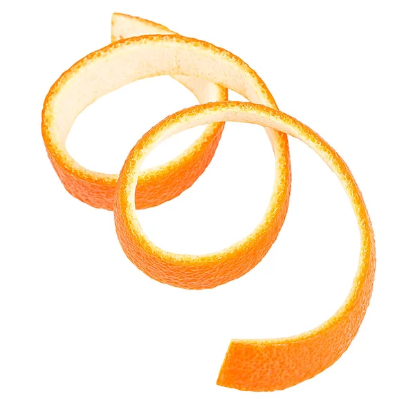白い背景に孤立したオレンジ色の螺旋状のゼストの正面図 新鮮なオレンジの果実の皮 — ストック写真