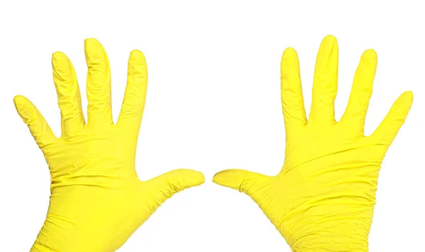 Lateks Eldiven Giyen Bir Sıhhiyecinin Elleri Sarı Tıbbi Eldivenler Cerrahi — Stok fotoğraf